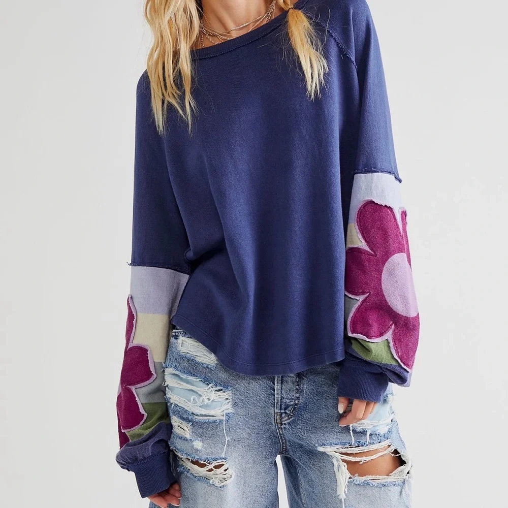 Free People Petunia Tee -  Floral Appliqué Sleeves - M - NWT - Picture 2 of 9